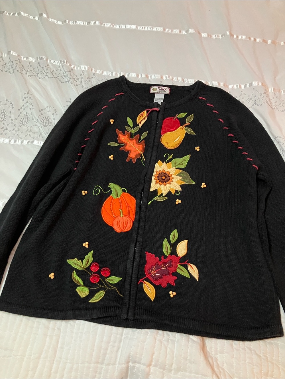 Tiara Black Embroidered Fall Motif Cardigan